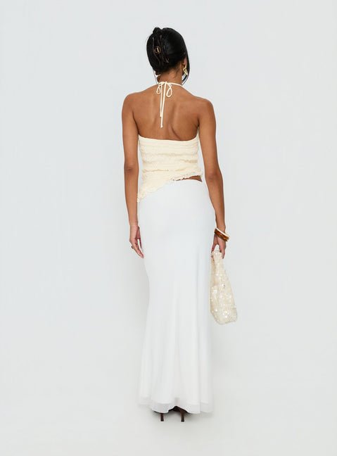 back view of model wearing Princess Polly Caviar Tie Maxi Skirt White Maxi Skirts Skirts 