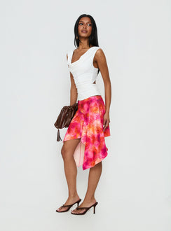   side view of model wearing Princess Polly Kimberlee Asymmetrical Midi Skirt Multi Skirts 