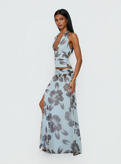   side view of model wearing Princess Polly Roselin Mesh Maxi Skirt Blue Floral Skirts 