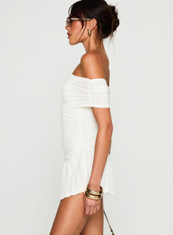 side view of model wearing Princess Polly Lucianne Off The Shoulder Mini Dress White Straight Neck 