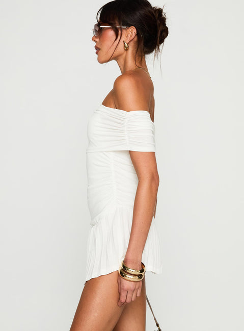 side view of model wearing Princess Polly Lucianne Off The Shoulder Mini Dress White Straight Neck 
