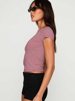 side view of model wearing Princess Polly Lex Top Maroon Stripe Short Sleeves Crew Neck 