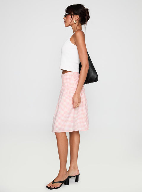   side view of model wearing Princess Polly Maryanna Midi Skirt Pink Gingham Skirts 