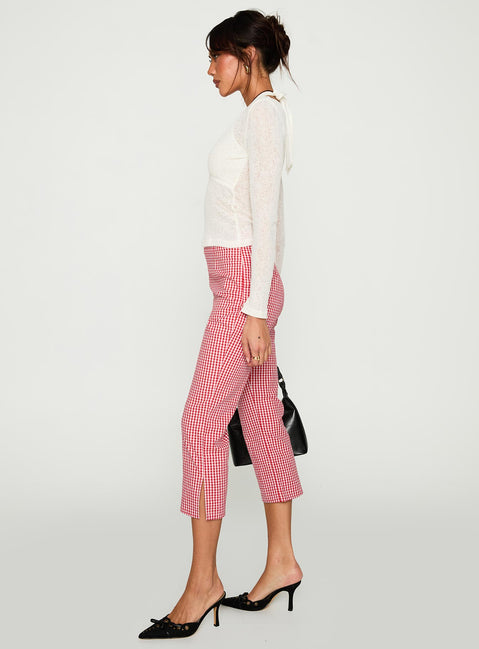 side view of model wearing Princess Polly Mignonette Capri Pant Red Gingham Pants 