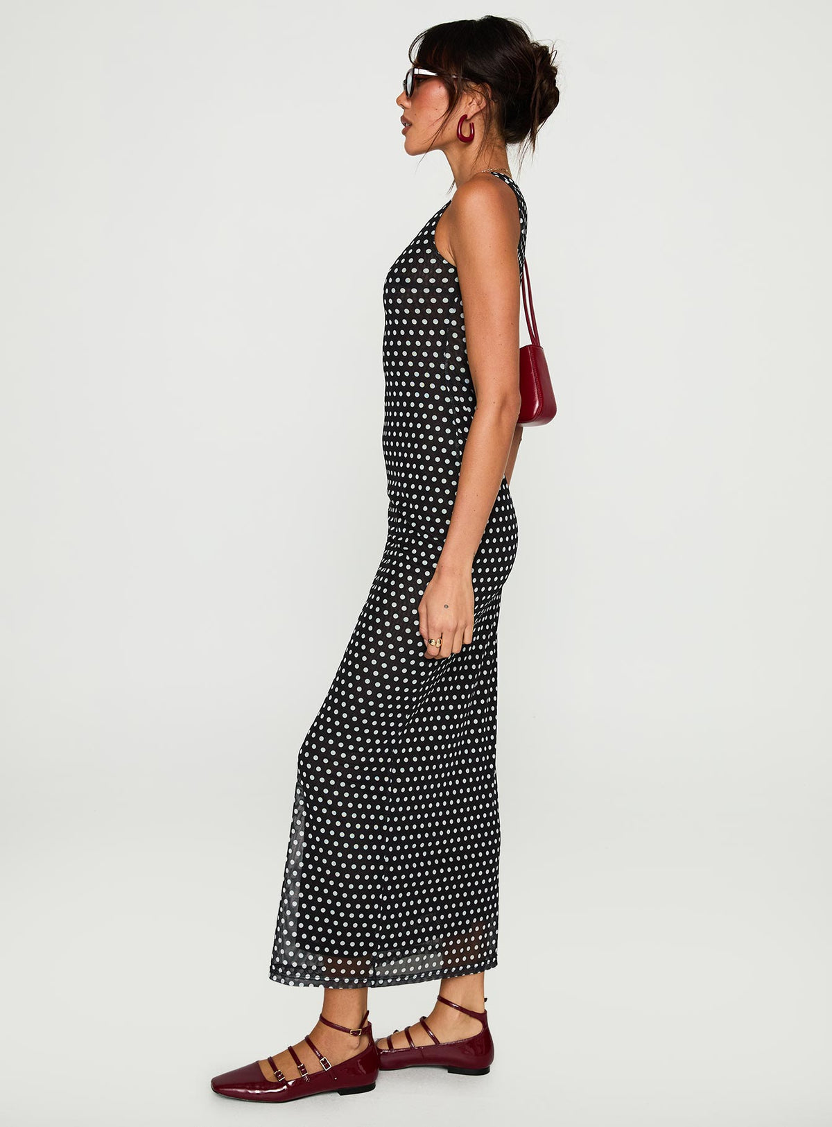 side view of model wearing Princess Polly Top Of Mind Maxi Dress Black Crew Neck 