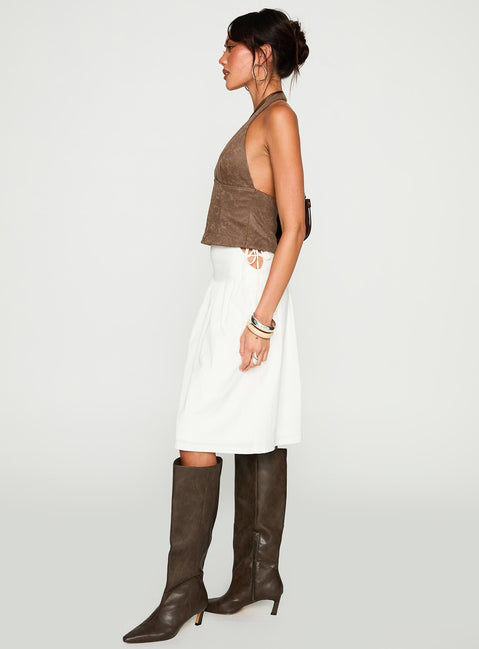  side view of model wearing Princess Polly Snowflakes Tie Side Midi Skirt White Skirts 