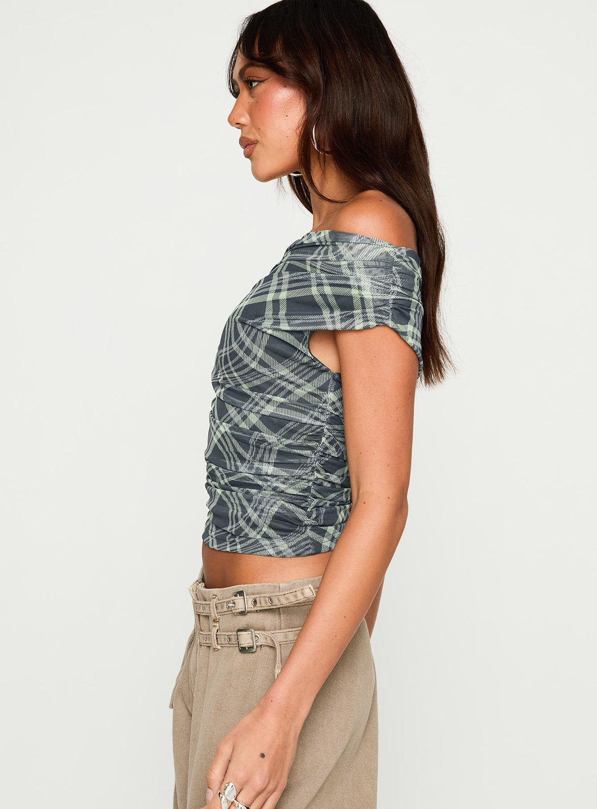 side view of model wearing Princess Polly Sweet Embrace Off Shoulder Top Multi Short Sleeves straight 