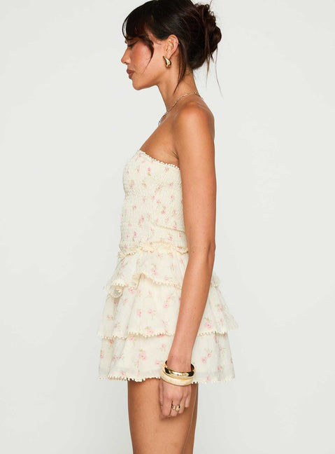 side view of model wearing Princess Polly Sunkiss Frill Mini Dress Floral Straight Neck 