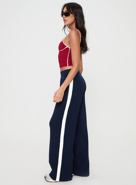 side view of model wearing Princess Polly Albright Pants Navy / Milk Mid Rise Pants Pants 