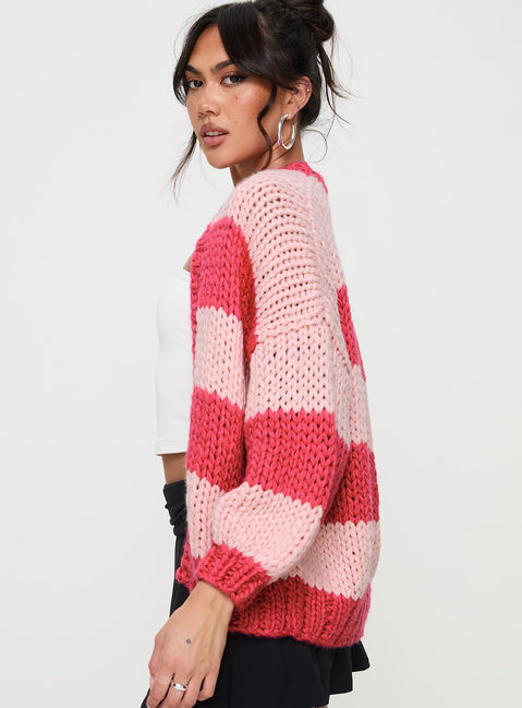 side view of model wearing Princess Polly Lester Knit Cardigan Pink Stripe cropped Jumpers 