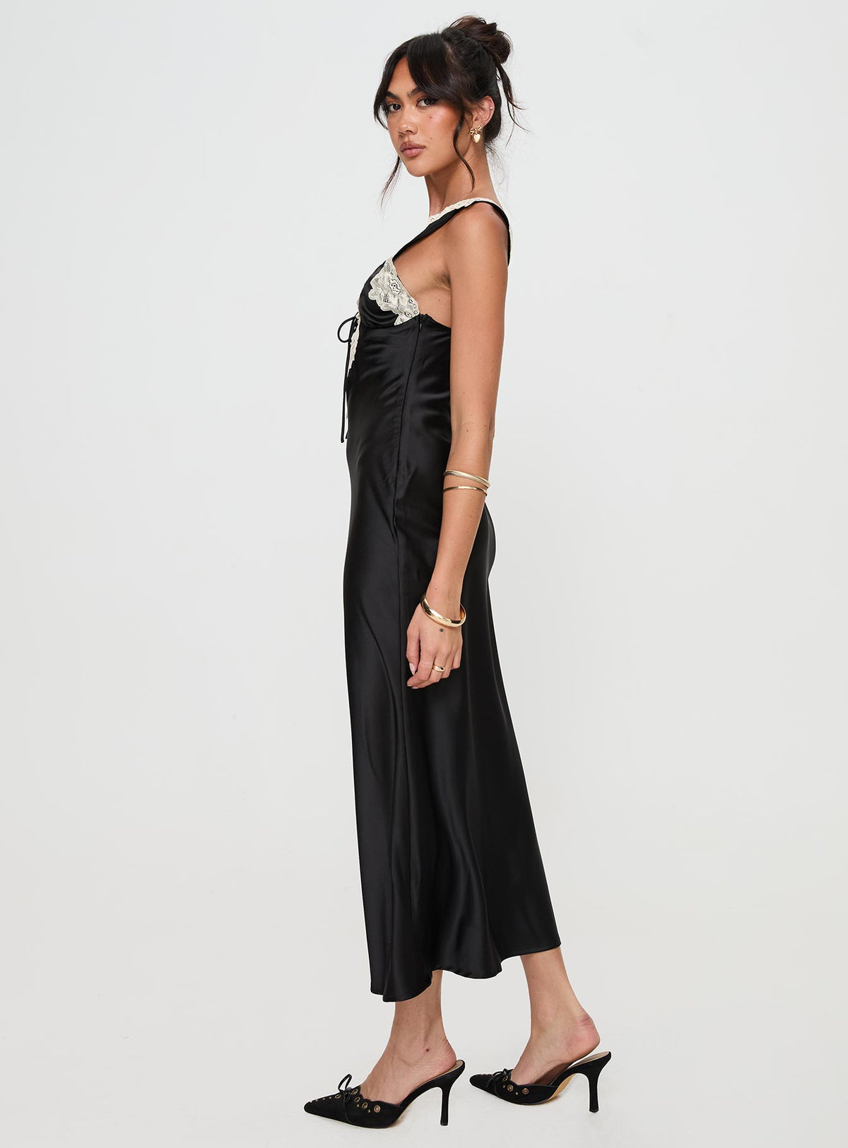 side view of model wearing Princess Polly Nourish Maxi Dress Black V-Neck 