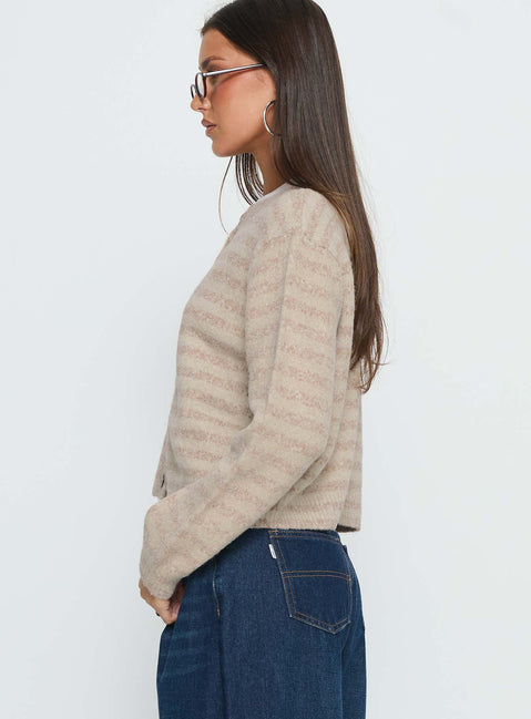 Designed with subtle detail the Raynna Button Up Cardigan Beige Stripe womens jumpers in short length side view of model wearing Princess Polly