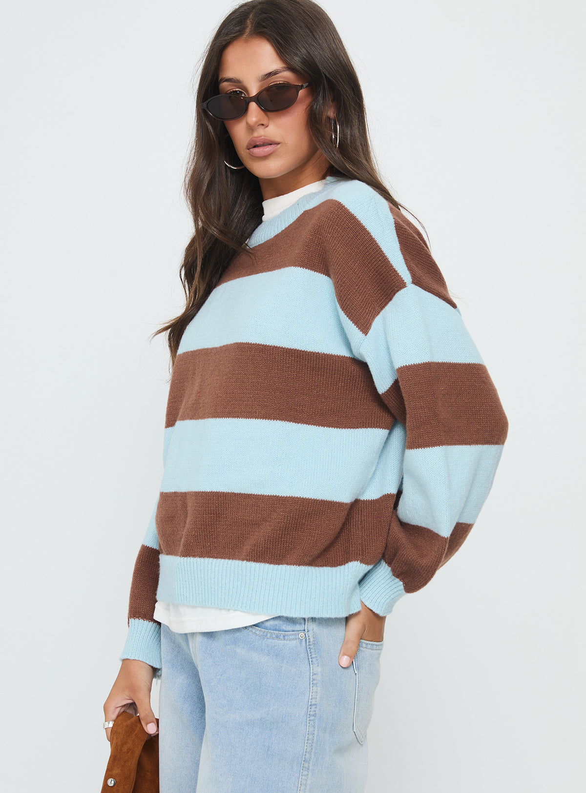 side view of model wearing Princess Polly Ardentia Crew Neck Knit Sweater Aqua Stripe Longline Jumpers Jumpers 