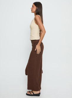 side view of model wearing Princess Polly Silver Moon Linen Blend Tie Pants Brown Mid Rise Pants Pants 