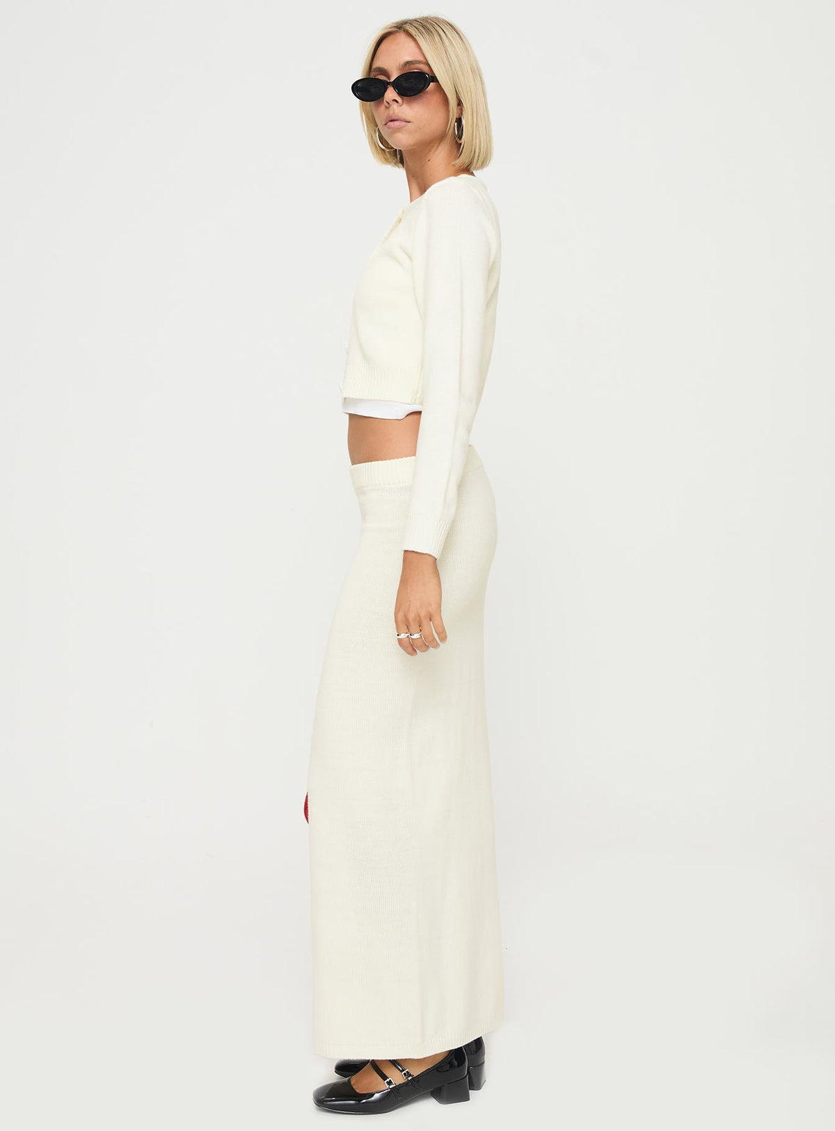 side view of model wearing Princess Polly Collase Knit Sweater Cream cropped Jumpers 