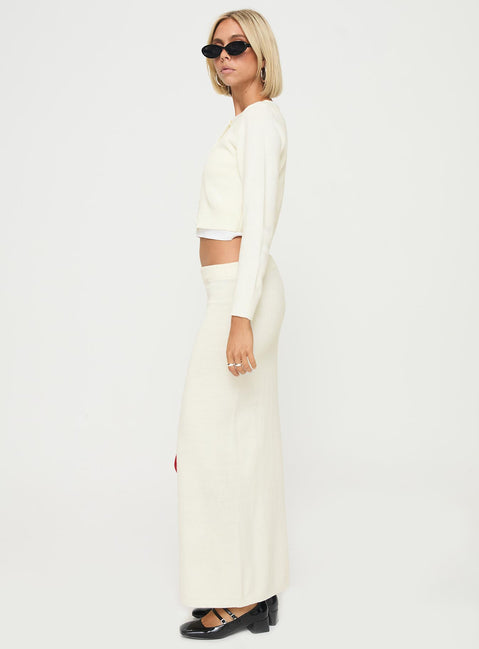 side view of model wearing Princess Polly Collase Knit Sweater Cream cropped Jumpers 