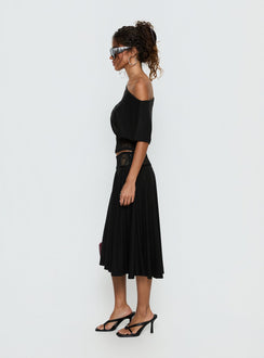   side view of model wearing Princess Polly Marienna Lace Midi Skirt Black Midi Skirts Skirts 