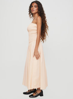 side view of model wearing Princess Polly Atara Maxi Dress Cream Straight Neck 
