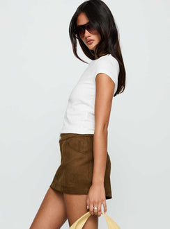   side view of model wearing Princess Polly Rhodeo Mini Skirt Brown Mini Skirts Skirts 