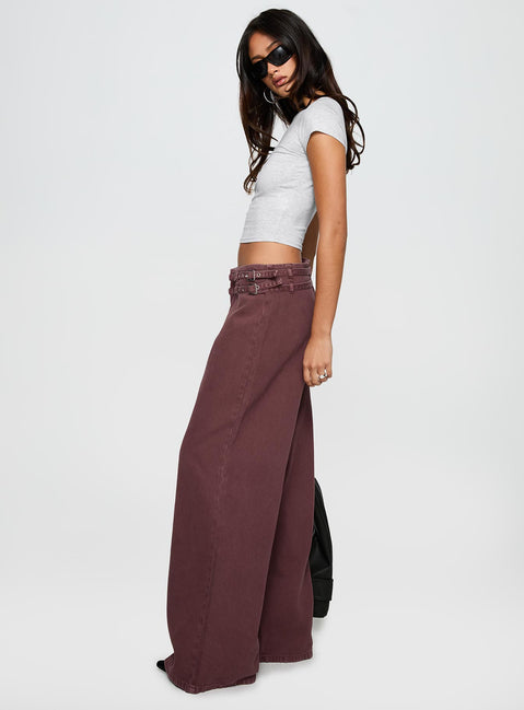 side view of model wearing Princess Polly Baccarat Belted Pant Chocolate Mid Rise 