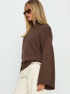 side view of model wearing Princess Polly Neriel Funnel Neck Knit Sweater Chocolate Longline Jumpers Jumpers 
