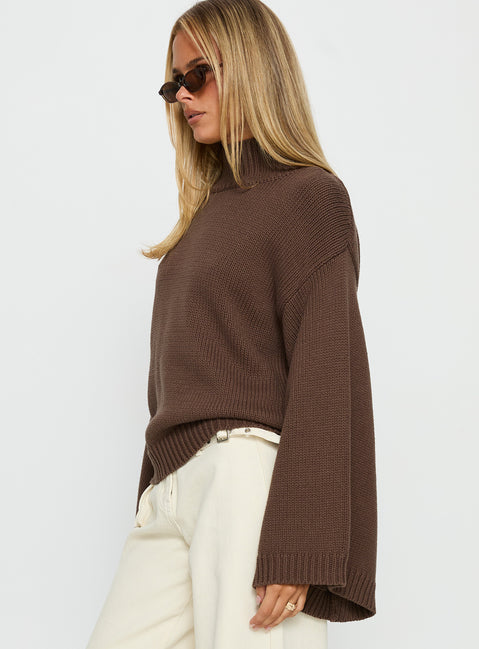 side view of model wearing Princess Polly Neriel Funnel Neck Knit Sweater Chocolate Longline Jumpers Jumpers 