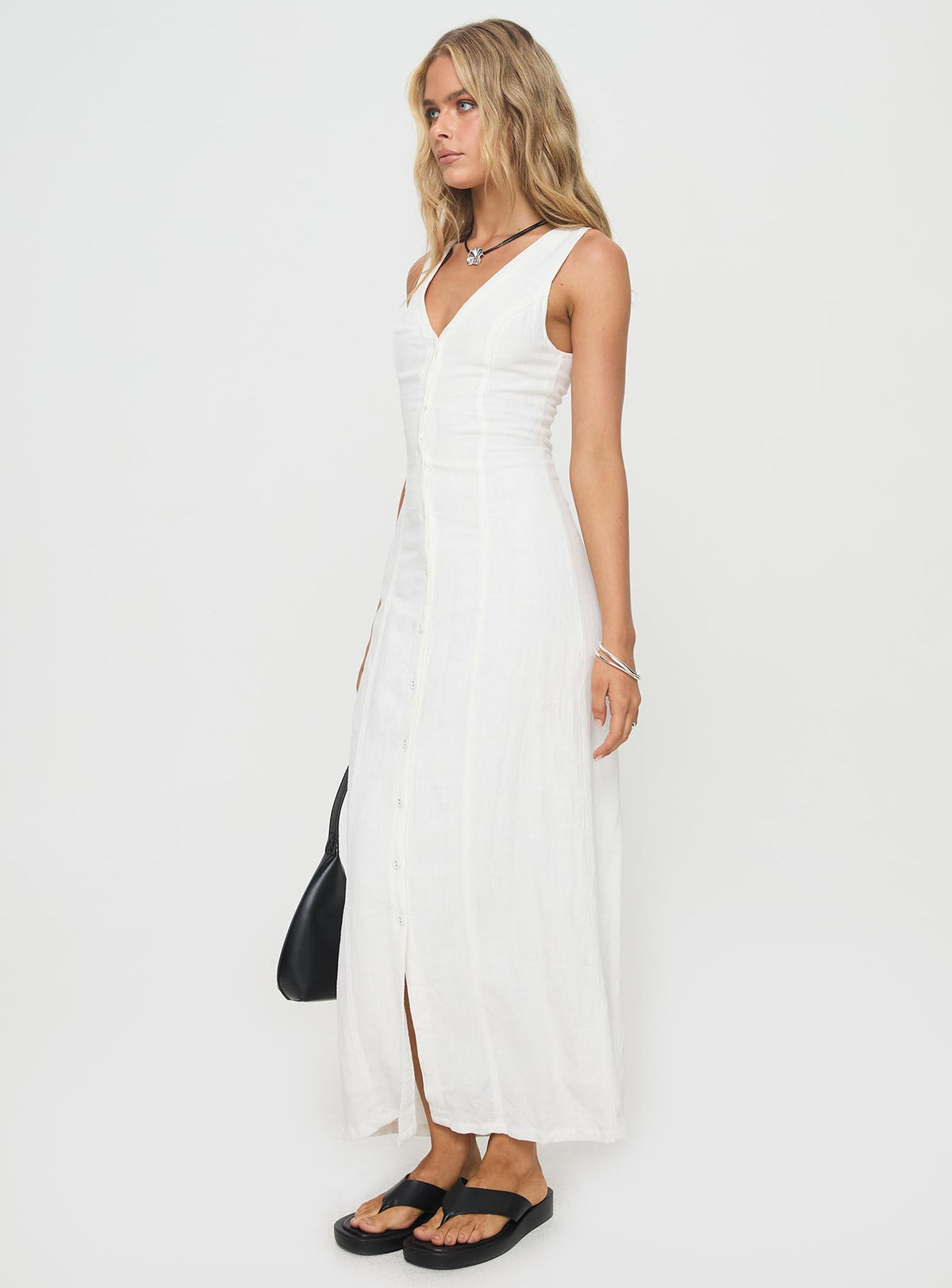 side view of model wearing Princess Polly Summer Season Linen Blend Maxi Dress White Petite V-Neck 