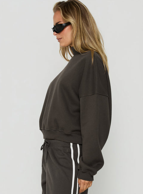 Crafted from the Anyya Funnel Neck Crew Jumper Iron Grey womens-jumpers with short length side view of model wearing Princess Polly