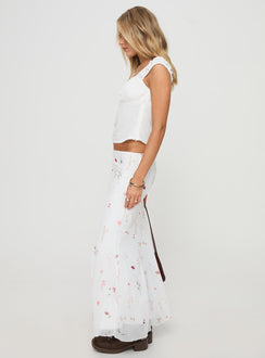   side view of model wearing Princess Polly Breezewood Maxi Skirt White Maxi Skirts Skirts 
