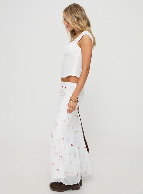   side view of model wearing Princess Polly Breezewood Maxi Skirt White Maxi Skirts Skirts 