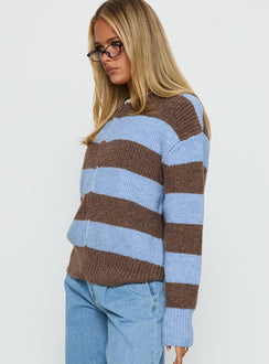 Crafted from the Queena Zip Through Knit Sweater Blue Stripe in womens-jumpers with long fit side view of model wearing Princess Polly