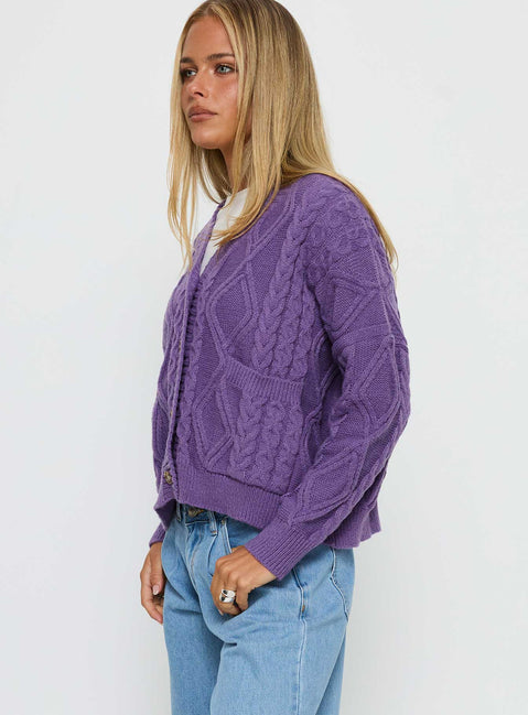 side view of model wearing Princess Polly Dillian Cable Knit Cardigan Purple Cropped Jumpers Jumpers 