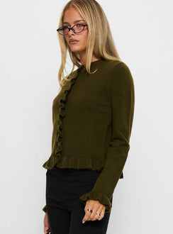 Discover the Inclination Frill Cardigan Moss womens-jumpers in short length side view of model wearing Princess Polly