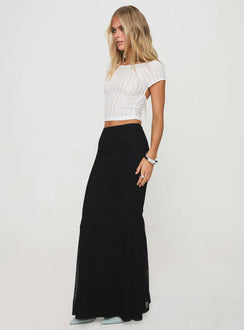  side view of model wearing Princess Polly Topping Maxi Skirt Black Maxi Skirts Skirts 
