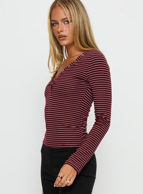 Georgeanna Button Up Long Sleeve Top Burgundy Stripe