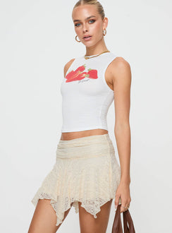   side view of model wearing Princess Polly Lifas Lace Mini Skirt Cream Petite Mini Skirts Skirts 