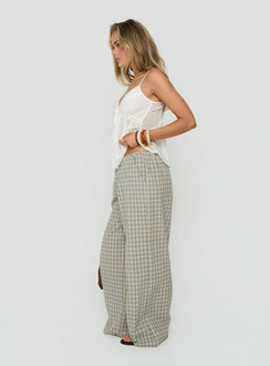 Featuring Lunea Concealed Waistband Pants Multi Check womens-regular-pants with high-rise in checkered wide-leg side view of model wearing Princess Polly