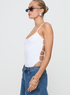 side view of model wearing Princess Polly All Tied Up Bodysuit White Tall Sleeveless Bodysuit 