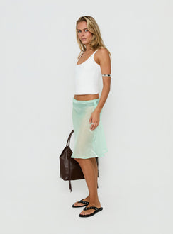 Showcasing the Sidori Sheer Midi Skirt Jelly Mint in womens-skirts with midi length side view of model wearing Princess Polly