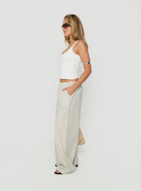 Crafted for comfort, the Lunea Concealed Waistband Pants Pinstripe womens regular pants in mid-rise side view of model wearing Princess Polly