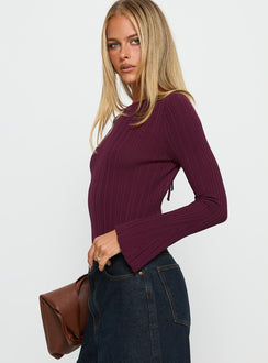 side view of model wearing Princess Polly Mayok Long Sleeve Bodysuit Plum Long Sleeve Tops Bodysuit 