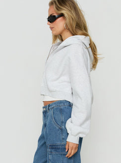 Styled in the Zellah Double Ended Zipper Hoodie Grey Marle womens-jumpers with short length side view of model wearing Princess Polly