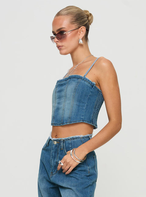 side view of model wearing Princess Polly Vihaan Top Blue Wash Sleeveless Square Neck 