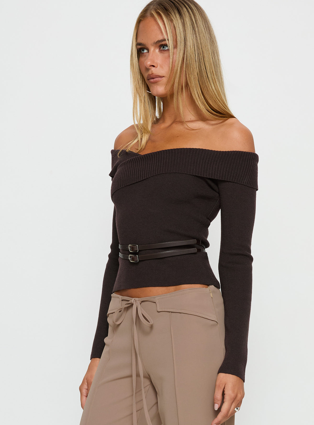 Ellenore Belt Detail Off Shoulder Top Brown