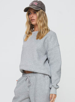 side view of model wearing Princess Polly Dream Fleece Classic Crewneck Sweatshirt Grey Marle Jumpers 