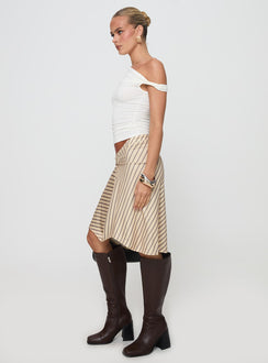   side view of model wearing Princess Polly Esmeray Midi Skirt Diagonal Stripe Yellow Skirts 