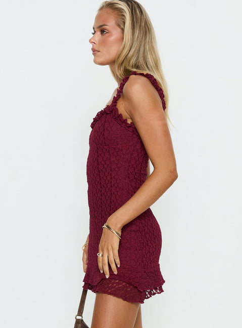 Steffi Frill Lace Mini Dress Burgundy