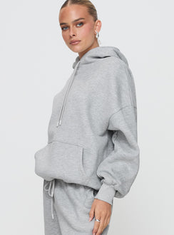 side view of model wearing Princess Polly Dream Fleece Classic Hoodie Grey Marle Longline Jumpers Jumpers 