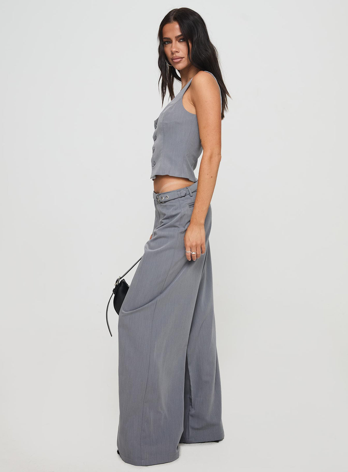 side view of model wearing Princess Polly Miku Pants Charcoal High Rise Pants Pants 