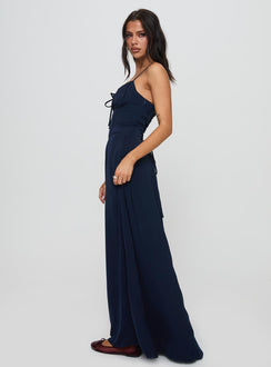 side view of model wearing Princess Polly Eleanora Maxi Dress Navy Sweetheart Neckline 